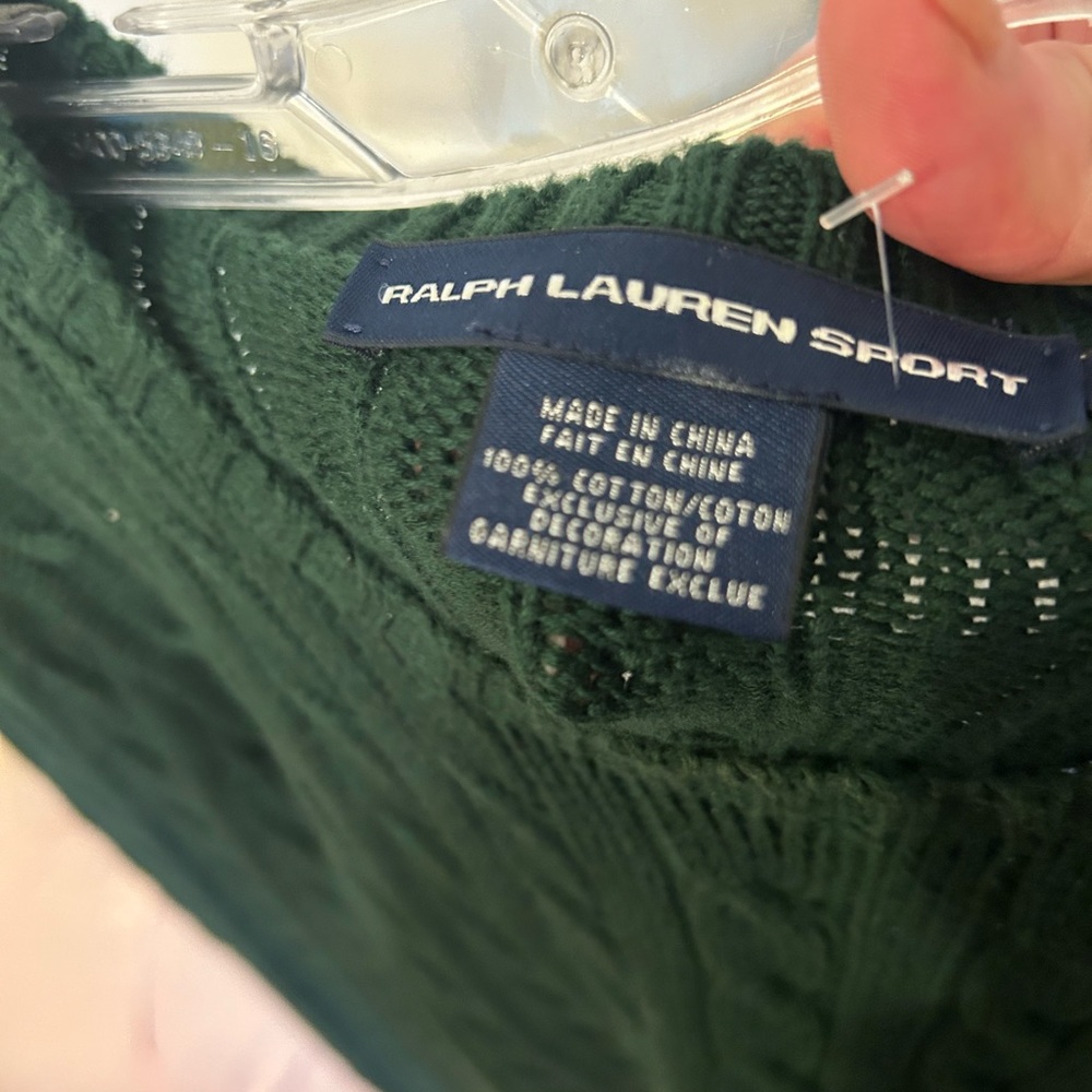 Ralph Lauren Sport Sweater Women L Green 100% Cotton Cable-Knit Stretch Pullover